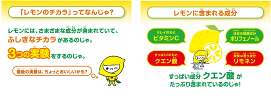 【上図】「レモンのチカラ」講義で使用予定のスクリーン用資料一部