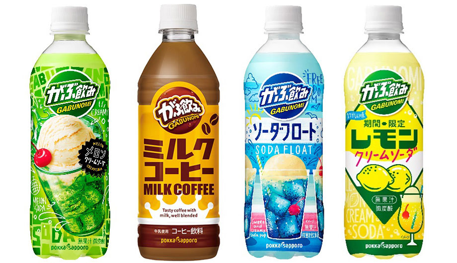 「がぶ飲み メロンクリームソーダ(500ml)」「がぶ飲み ミルクコーヒー(500ml)」「がぶ飲み ソーダフロート(500ml・6/24新発売)」「がぶ飲み レモンクリームソーダ(500ml・7/22刷新)」