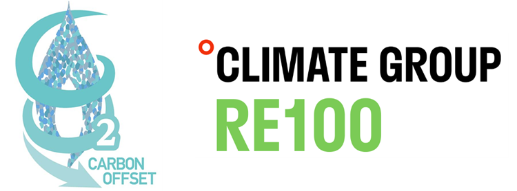 「カーボン・オフセット都市ガス」認証マークとRE100のロゴ画像
