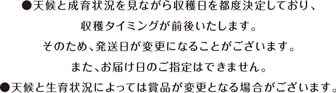 ●天候と成育状況を見ながら収穫日を都度決定しており、収穫タイミングが前後いたします。そのため、発送日が変更になることがございます。また、お届け日のご指定はできません。 ●天候と成育状況を見ながら収穫日を都度決定しており、収穫タイミングが前後いたします。そのため、発送日が変更になることがございます。また、お届け日のご指定はできません。