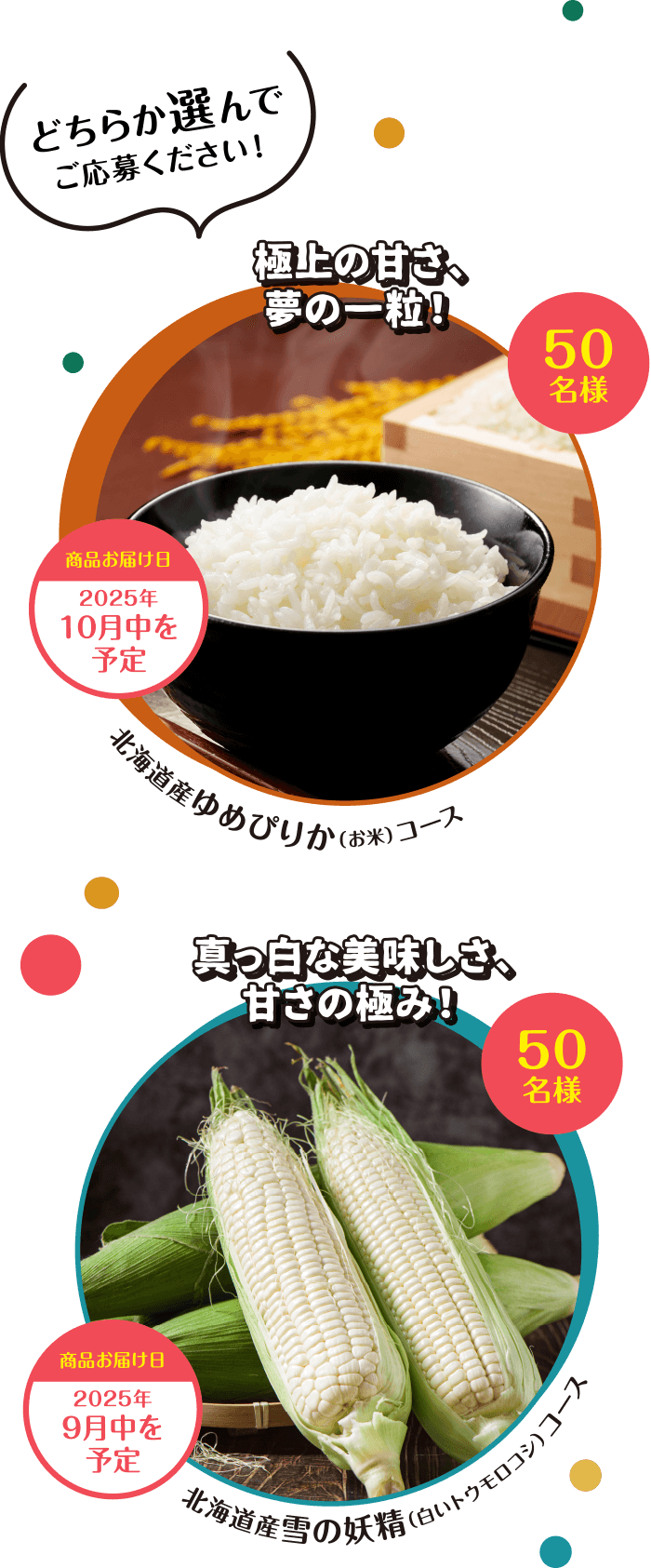 どちらか選んでご応募ください！｜北海道産ゆめぴりか（お米）コース 極上の甘さ、夢の一粒！商品お届け日 2025年10月中を予定 50名様｜北海道産雪の妖精（白いトウモロコシ）コース 真っ白な美味しさ、甘さの極み！商品お届け日 2025年9月中を予定 50名様