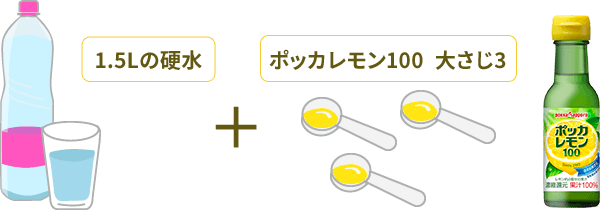 1.5Lの硬水+ポッカレモン100 大さじ3