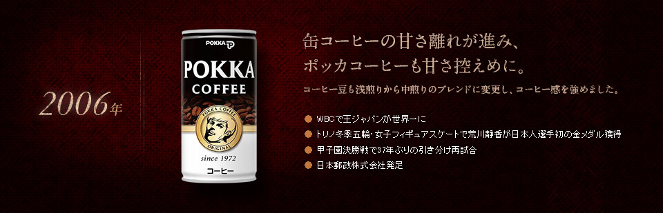 【2006年】缶コーヒーの甘さ離れが進み、ポッカコーヒーも甘さ控えめに。コーヒー豆も浅煎りから中煎りのブレンドに変更し、コーヒー感を強めました。●WBCで王ジャパンが世界一に　●トリノ冬季五輪・女子フィギュアスケートで荒川静香が日本人選手初の金メダル獲得　●甲子園決勝戦で37年ぶりの引き分け再試合　●日本郵政株式会社発足
