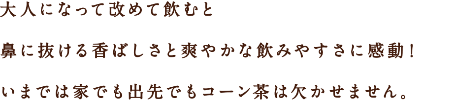 大人になって改めて飲むと鼻に抜ける香ばしさと爽やかな飲みやすさに感動！いまでは家でも出先でもコーン茶は欠かせません。